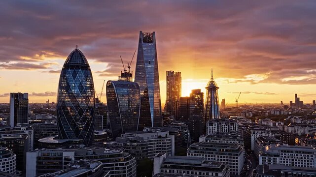 The city skyline features tall buildings reflecting the golden sunset, creating a vibrant scene filled with stunning architecture. The skyline showcases the striking shapes and gla