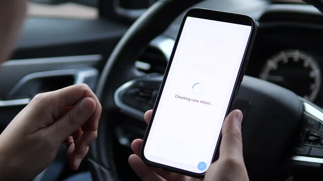 Closeup of a mans hands in a parked car using a specialized legal service to check the status of a court case. With one tap, he accesses detailed information including judge assignment and hearing