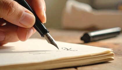 指で黒い万年筆をしっかり持ち丁寧にクリーム色のノートへ流れるような筆記体の文字を書いている様子