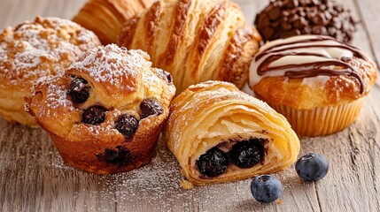 Warm food scene featuring golden pastries including muffins and chocolate treats, showcasing a delightful assortment of baked goods on a rustic wooden table