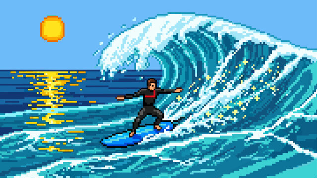 Pixel art illustration of a surfer riding a huge blue ocean wave in a retro 8-bit video game style with a bright yellow sun in the sky and reflections on the water