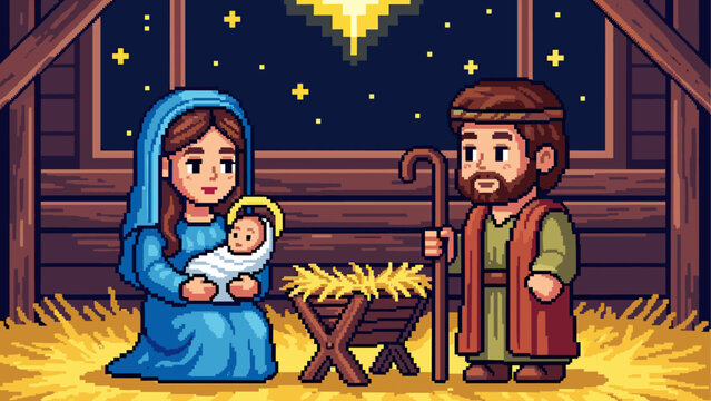 Pixel art nativity scene with Mary Joseph and baby Jesus in a manger under a bright star, created in a retro 8-bit video game style for a classic Christmas holiday theme