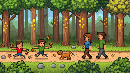 Pixel art family with two children and a dog walking on a path through a lush forest in a charming retro 8-bit video game style illustration