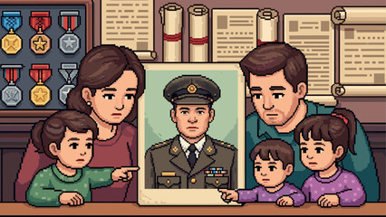 Pixel art family with children looking at a portrait of a soldier in uniform, remembering a fallen hero with medals and documents in the background