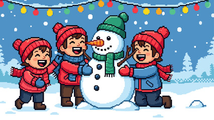 Three happy pixel art children in warm winter clothes joyfully building a cute snowman in a snowy landscape under a string of festive lights