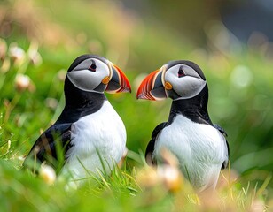 Two Atlantic Puffins share a moment amidst lush green coastal foliage.