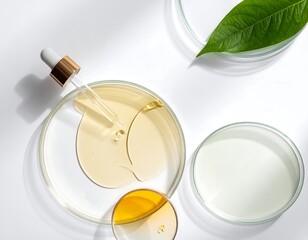 Clear petri dishes with yellow liquid, dropper, and green leaf on white background, bathed in soft light and shadows