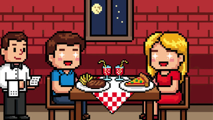 Pixel art couple having a romantic dinner at a restaurant with a waiter, steak, and pizza on the table in a retro 8-bit video game style illustration