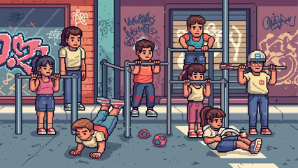 Pixel art illustration of diverse children exercising together at an outdoor urban gym with graffiti on the walls, showcasing a healthy and active lifestyle in a retro video game style