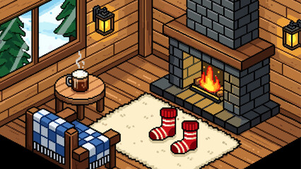 Obraz premium Cozy pixel art room interior with a warm fireplace, a steaming mug on a table, and a window looking out onto a snowy winter landscape in a retro video game style