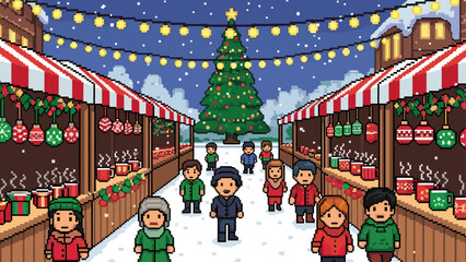 Pixel art Christmas market scene with people shopping at festive stalls under string lights and falling snow with a large decorated tree in the background