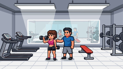 Pixel art illustration of a fitness coach training a woman with dumbbells in a health club scene with exercise equipment, rendered in a retro 8-bit video game aesthetic