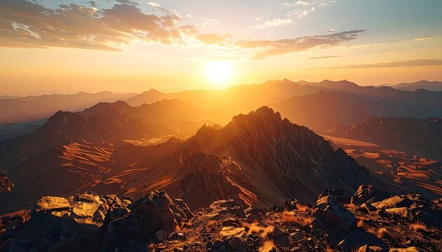 Dramatic mountain range illuminated by a brilliant sunset. - Powered by Adobe