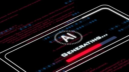 AI generating process. Moving banner with interface element for content generating neural network software. Alpha channel with AI processing data or program code. Realistic graphic animated footage - Powered by Adobe
