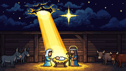 Pixel art nativity scene with Mary Joseph and baby Jesus in a manger illuminated by a divine light from the Star of Bethlehem in a retro 8-bit video game style