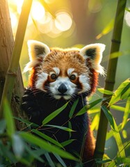 A captivating red panda peers out from behind lush green bamboo stalks bathed in golden sunlight.