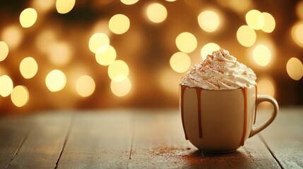 A warm cup of hot chocolate with whipped cream and cocoa powder on a wooden table, with blurred golden lights in the background creating a cozy atmosphere