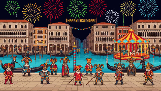 Pixel art carnival celebration with masked jesters celebrating New Year's Eve with fireworks over a historic canal city in a retro video game style - Powered by Adobe