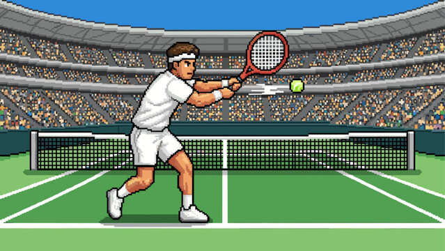 Pixel art tennis player in white uniform hitting a forehand shot with a red racket on a green court inside a large stadium full of spectators in a retro video game style