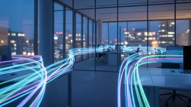 Light streaks flow through a modern office connecting technology to the city.