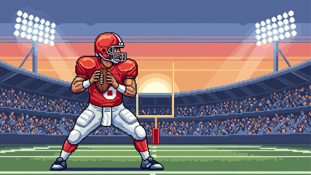 Pixel art American football quarterback player in a red uniform holding the ball, preparing to pass during a game in a packed stadium at sunset