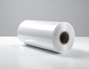 Clear plastic film roll on a white surface against a gray background, creating a clean, minimalist aesthetic