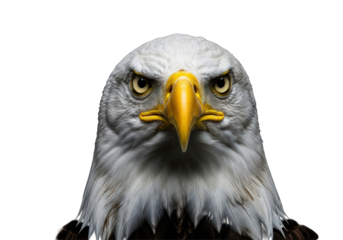 A majestic bald eagle with piercing yellow eyes, hooked beak, white head feathers, dark brown plumage, detailed close-up against a pure black background, concept of leadership and strategic vision