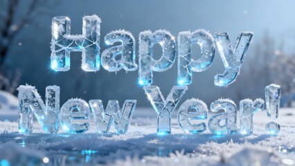 A 3D render displays the words Happy New Year! in large, transparent ice letters. Letters are placed on a surface of ice and snow