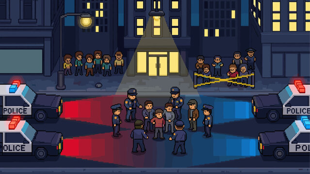 Pixel art crime scene with police officers investigating suspects on a city street at night, illuminated by flashing car lights and a building entrance