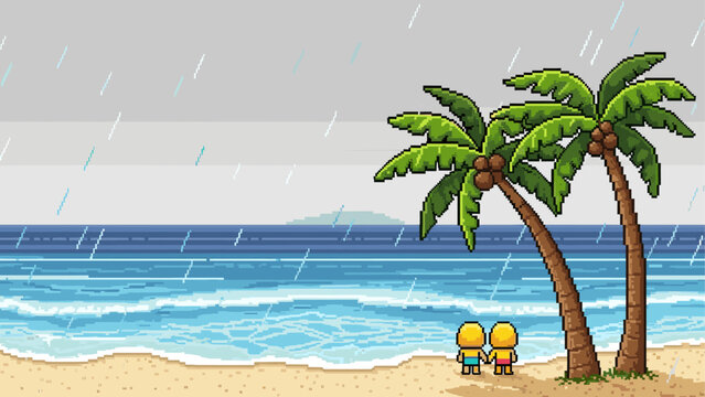 Pixel art illustration of a rainy tropical beach with a couple holding hands and watching the ocean waves under palm trees, a retro 8-bit video game style landscape