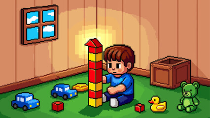 Young boy in a charming pixel art style builds a tall tower with colorful blocks in his sunlit playroom surrounded by his favorite toys like cars and a bear