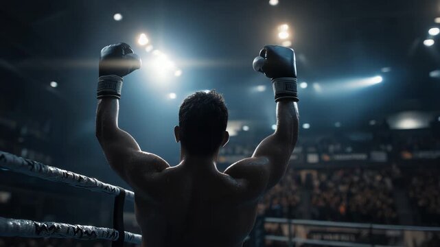 Fighter exults amid roaring fans, Boxer triumphs with fist raised high