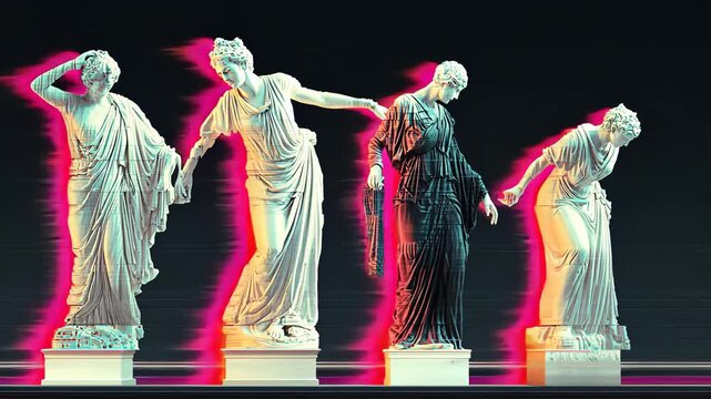 Classical and Modern Art Sculptures: 3D Digital Art of Greek Mythology Statues with Vibrant Colors and Glitch Aesthetic