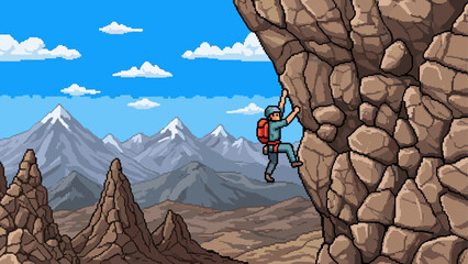 Pixelated climber with a red backpack ascending a steep rock face in a classic 8-bit video game illustration with snowy mountain peaks under a clear blue sky