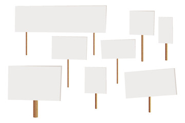 Set of several blank signs on wooden posts Blank white protest sign Various demonstration banners Strike action cardboard placard mockup Copy space for protest text  Social advertisement	