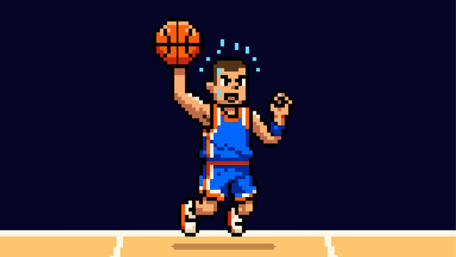 Pixel art basketball player character in blue uniform jumping high to dunk the ball in a retro video game style illustration on a dark background