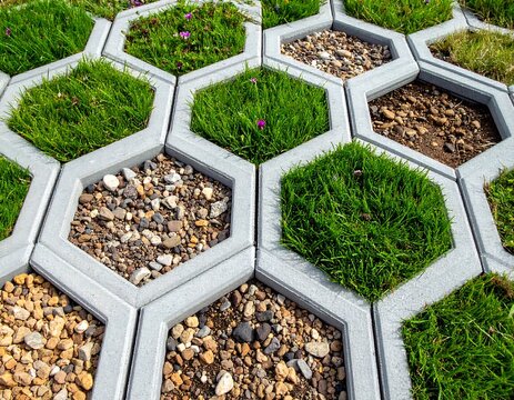 Close-up of hexagonal concrete cells filled with grass, rocks, and soil creating a patterned ground surface