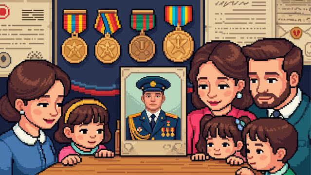 Pixel art family with children remembering a fallen soldier hero by looking at his portrait with medals and documents on the wall in a retro 8-bit video game style