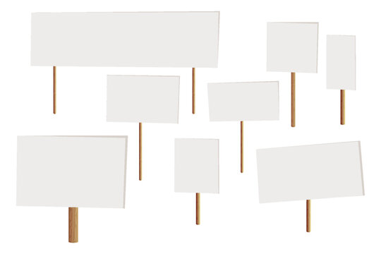 Set of several blank signs on wooden posts Blank white protest sign Various demonstration banners Strike action cardboard placard mockup Copy space for protest text  Social advertisement	