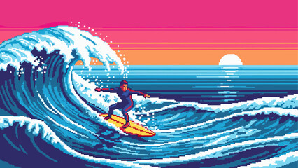 Pixel art surfer in a wetsuit riding a huge blue ocean wave during a vibrant pink and orange sunset, a retro 8-bit video game style illustration