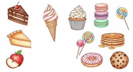 Colorful hand drawn dessert and sweets illustration set with chocolate cake, pie slice, apple, ice cream cone, cupcake, macarons, lollipops, pancakes, donut and cookie perfect for bakery branding