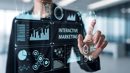 Businessman interacting with a futuristic digital interface for interactive marketing strategy and data analysis.