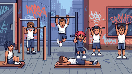 Pixel art illustration of diverse young people exercising together at an outdoor urban gym with pull-up bars and graffiti-covered walls in a retro 8-bit video game style