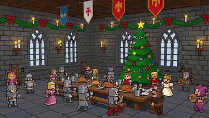 Festive medieval Christmas banquet scene with pixelated knights and ladies feasting in a decorated castle hall with a Christmas tree