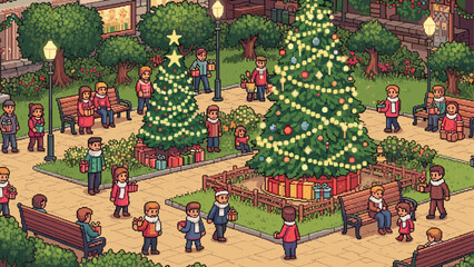 Pixel art Christmas town square scene with many people celebrating the winter holiday, exchanging gifts around large decorated trees with glowing lights
