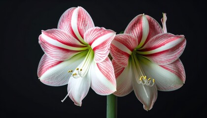 Fototapeta premium A striking close-up photograph of two red and white striped Amaryllis flowers against a dark background.