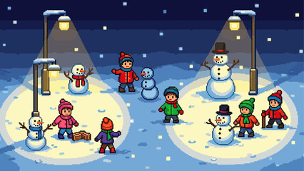 Charming pixel art winter night scene with children building snowmen and playing in the falling snow under glowing streetlights in a cozy, festive atmosphere