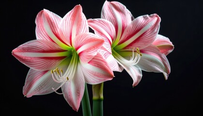 Fototapeta premium Striking close-up of vibrant pink and white striped Amaryllis flowers against a dark background.