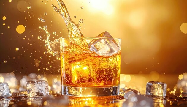 Dynamic close-up shot of amber liquid splashing into a glass with ice cubes against a warm, glowing background.