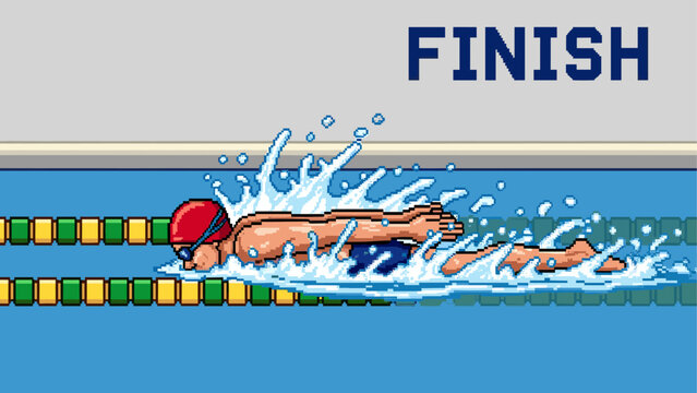 Retro 8-bit video game style swimmer competing in a race, performing a front crawl stroke with determination towards the finish line in a blue swimming pool with lane lines